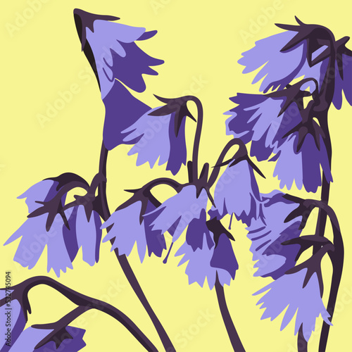 Vector isolated illustration of bluebell flowers on yellow background.