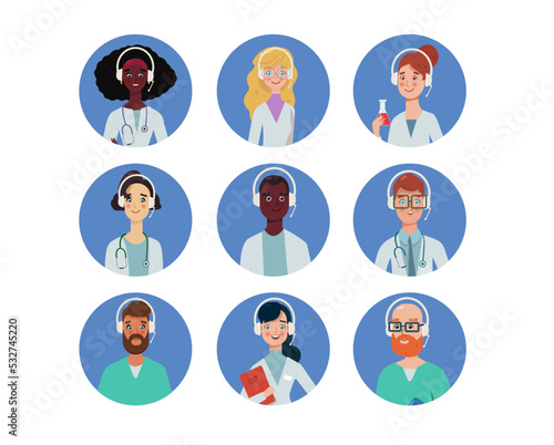 Call center staff doctor and provide services to customers via headphones and microphone cable. Vector illsutration Medical concept isolated on blue background. Professional recommendation icons set.