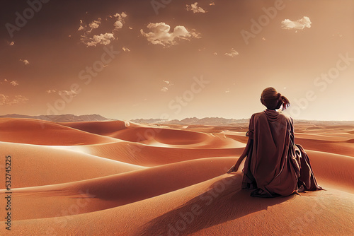 Figure in contemplation amidst vast desert dunes, a scene conveying the solitude and expansiveness central to meditation and self-reflection.. . generative ai