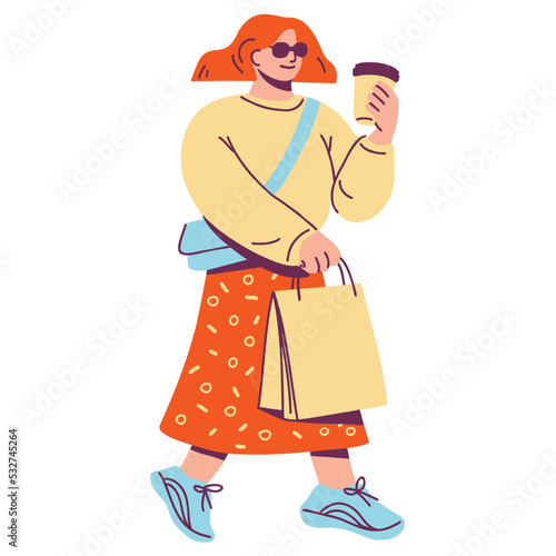 Female character walking with coffee and shopping bags. Urban lifestyle. Hand drawn flat vector illustration
