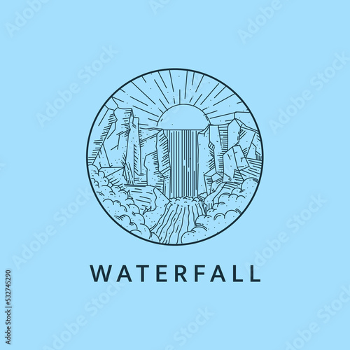 Minimalist waterfall logo line art illustration template design with circle