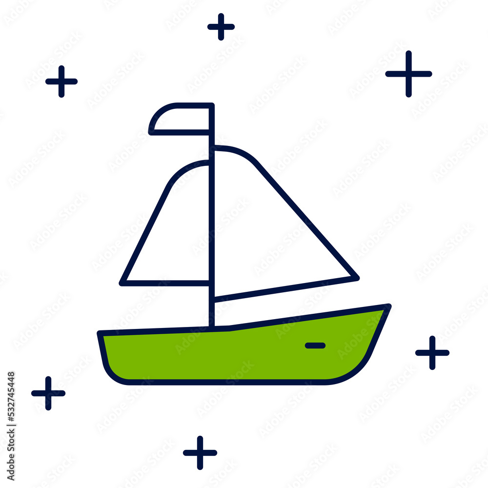 Filled outline Yacht sailboat or sailing ship icon isolated on white background. Sail boat marine cruise travel. Vector