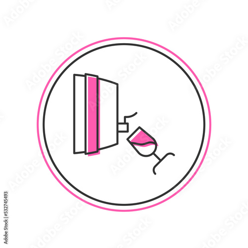 Filled outline Wine tasting, degustation icon isolated on white background. Wooden barrel for wine with glass. Vector