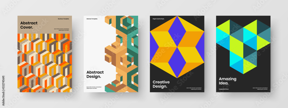 Colorful mosaic tiles catalog cover illustration composition. Bright pamphlet A4 vector design layout bundle.