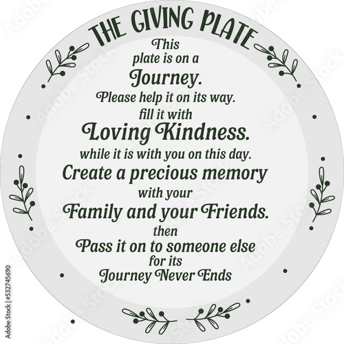 Christmas giving plate tradition vector text design. Enjoy, Refill, pass it on. Sharing plate, dish, background decoration printable. Quote saying phrase for family love, friends, relationship.