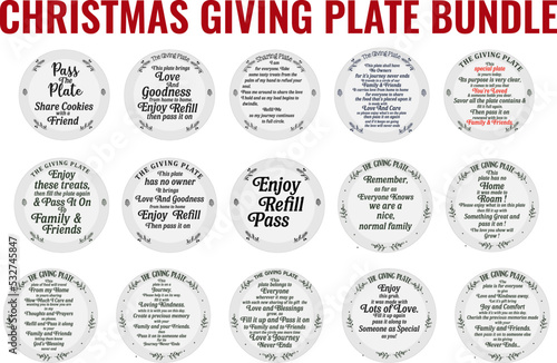 Christmas giving plate tradition bundle vector text design. Enjoy, Refill, pass it on. Sharing plate, dish, background decoration printable. Quote saying phrase for family love, friends, relationship.