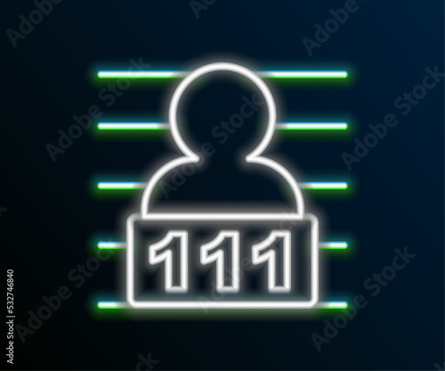 Glowing neon line Suspect criminal icon isolated on black background. The criminal in prison, suspected near the board. Colorful outline concept. Vector