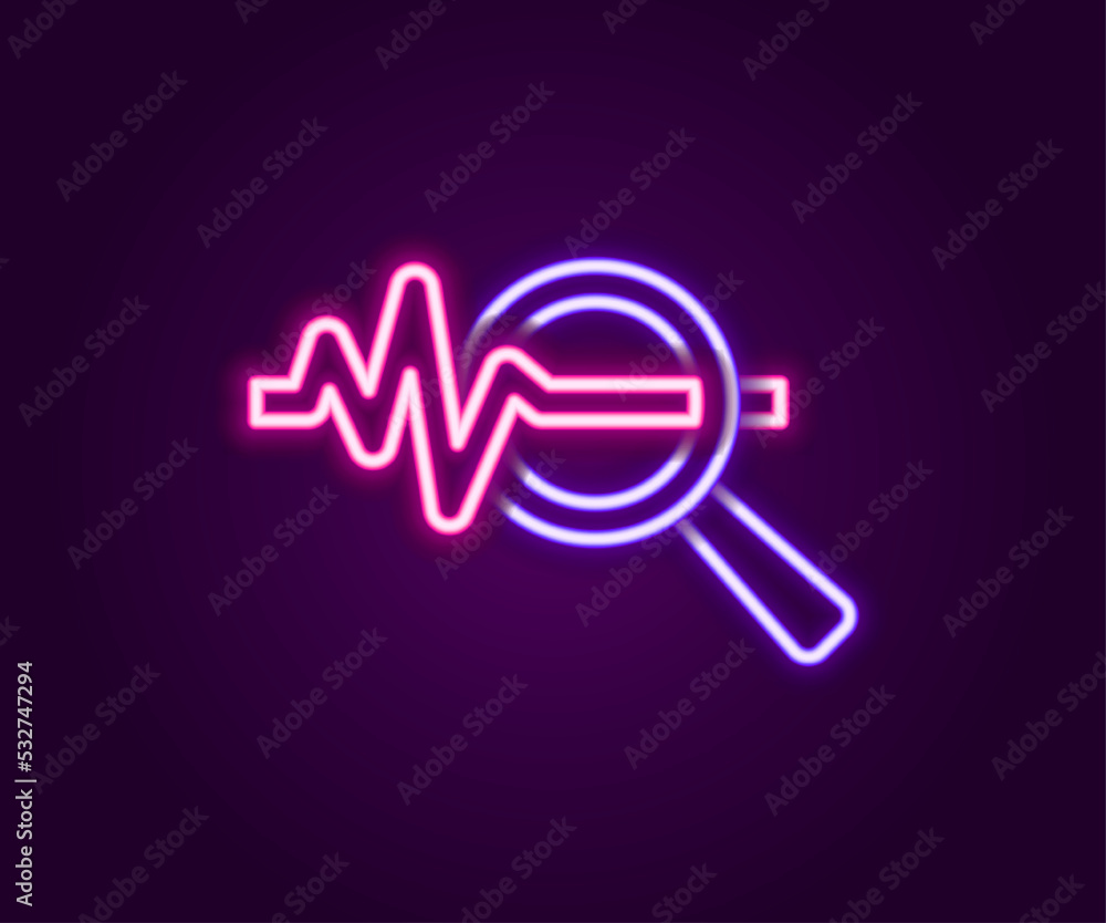 Glowing neon line Magnifying glass and data analysis icon isolated on black background. Search sign. Colorful outline concept. Vector Glowing neon line Magnifying glass and data analysis icon isolated on black background. Search sign. Colorful outline concept. Vector