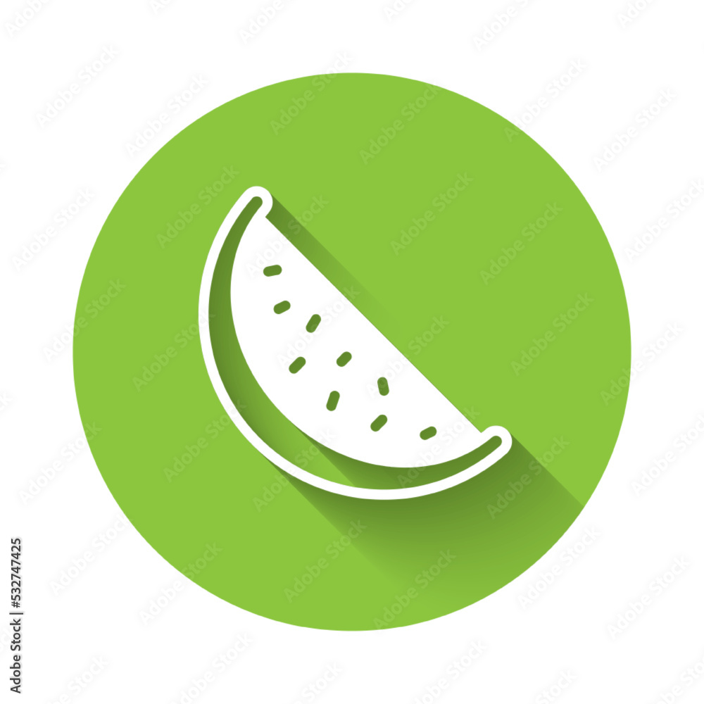 White Watermelon icon isolated with long shadow. Green circle button. Vector White Watermelon icon isolated with long shadow. Green circle button. Vector