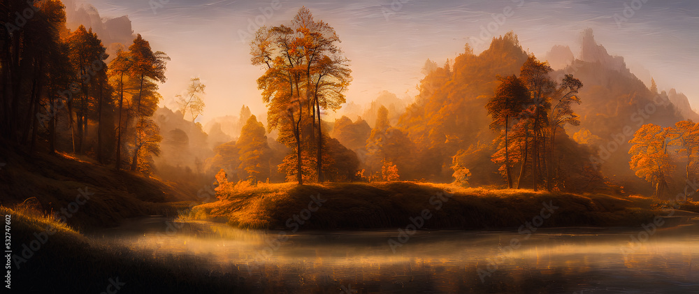 Artistic concept painting of a beautiful river landscape, background illustration. Artistic concept painting of a beautiful river landscape, background illustration.