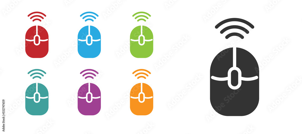Black Wireless computer mouse icon isolated on white background. Optical with wheel symbol. Set icons colorful. Vector Black Wireless computer mouse icon isolated on white background. Optical with wheel symbol. Set icons colorful. Vector