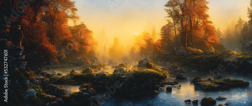 Artistic concept painting of a beautiful river landscape  background illustration.