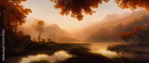 Artistic concept painting of a beautiful river landscape, background illustration.