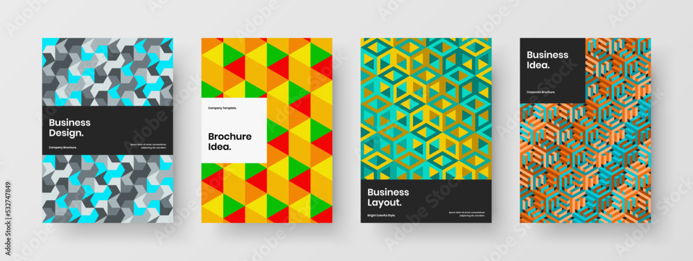 Fototapeta premium Isolated mosaic hexagons handbill concept bundle. Clean brochure A4 vector design layout set.