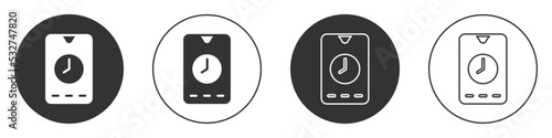 Black Alarm clock app smartphone interface icon isolated on white background. Circle button. Vector
