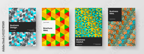 Isolated mosaic hexagons handbill concept bundle. Clean brochure A4 vector design layout set.