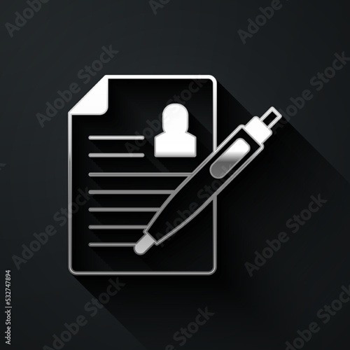 Silver Resume icon isolated on black background. CV application. Searching professional staff. Analyzing personnel resume. Long shadow style. Vector