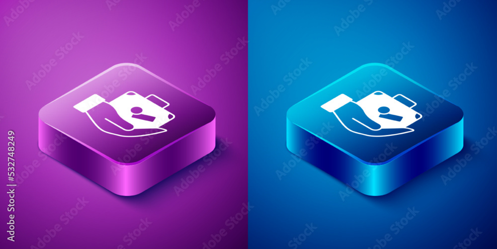 Isometric Travel suitcase in hand icon isolated on blue and purple background. Traveling baggage insurance. Security, safety, protection, protect concept. Square button. Vector Isometric Travel suitcase in hand icon isolated on blue and purple background. Traveling baggage insurance. Security, safety, protection, protect concept. Square button. Vector