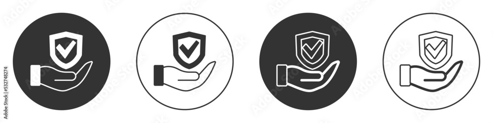 Black Shield in hand icon isolated on white background. Insurance concept. Guard sign. Security, safety, protection, privacy concept. Circle button. Vector Black Shield in hand icon isolated on white background. Insurance concept. Guard sign. Security, safety, protection, privacy concept. Circle button. Vector