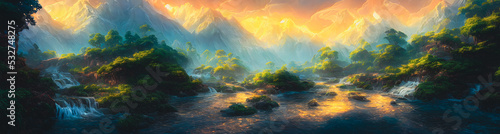 Artistic concept painting of a beautiful river landscape  background illustration
