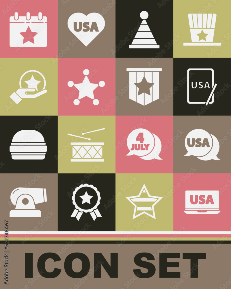 Set USA on laptop, label, graphic tablet, Party hat, Hexagram sheriff, Independence day, Calendar with date July 4 and American flag icon. Vector Set USA on laptop, label, graphic tablet, Party hat, Hexagram sheriff, Independence day, Calendar with date July 4 and American flag icon. Vector