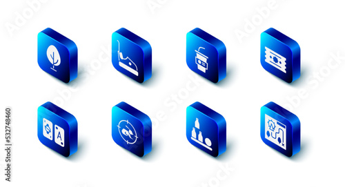 Set Bumper car, Paper glass with water, Ticket, Amusement park map, Bottles ball, Hunt on rabbit crosshairs, Tarot cards and Tree icon. Vector
