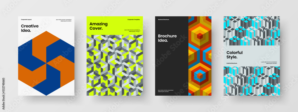 Fototapeta premium Bright mosaic tiles leaflet layout collection. Simple book cover vector design template set.