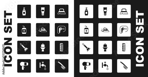 Set Brush for cleaning, Electric iron, Hand sanitizer bottle, Bottle of liquid soap, Shower, Tube toothpaste, Hairbrush and Rubber plunger icon. Vector