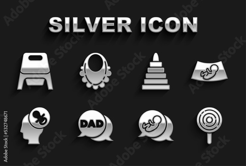 Set Speech bubble dad, Ultrasound of baby, Lollipop, Baby, dummy pacifier, Pyramid toy, potty and bib icon. Vector