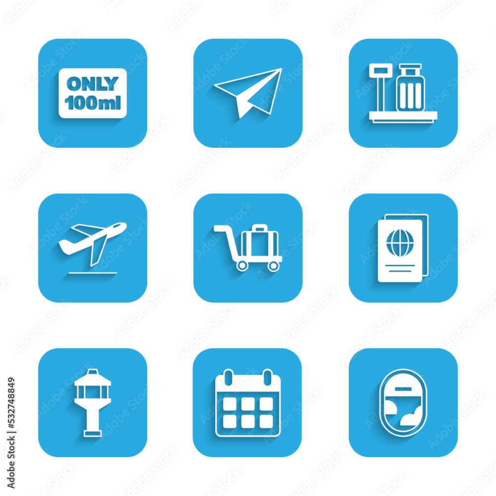 Set Trolley baggage, Calendar and airplane, Airplane window, Passport, Airport control tower, Plane takeoff, Scale with suitcase and Liquids carry-on icon. Vector Set Trolley baggage, Calendar and airplane, Airplane window, Passport, Airport control tower, Plane takeoff, Scale with suitcase and Liquids carry-on icon. Vector