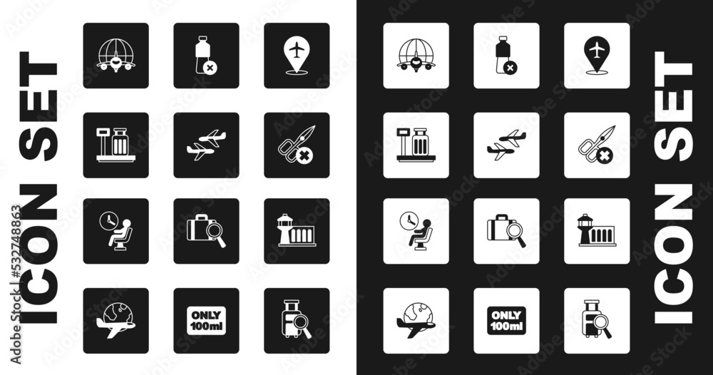 Set Plane, Scale with suitcase, Globe flying plane, No scissors, water bottle, Airport control tower and Human waiting airport terminal icon. Vector Set Plane, Scale with suitcase, Globe flying plane, No scissors, water bottle, Airport control tower and Human waiting airport terminal icon. Vector