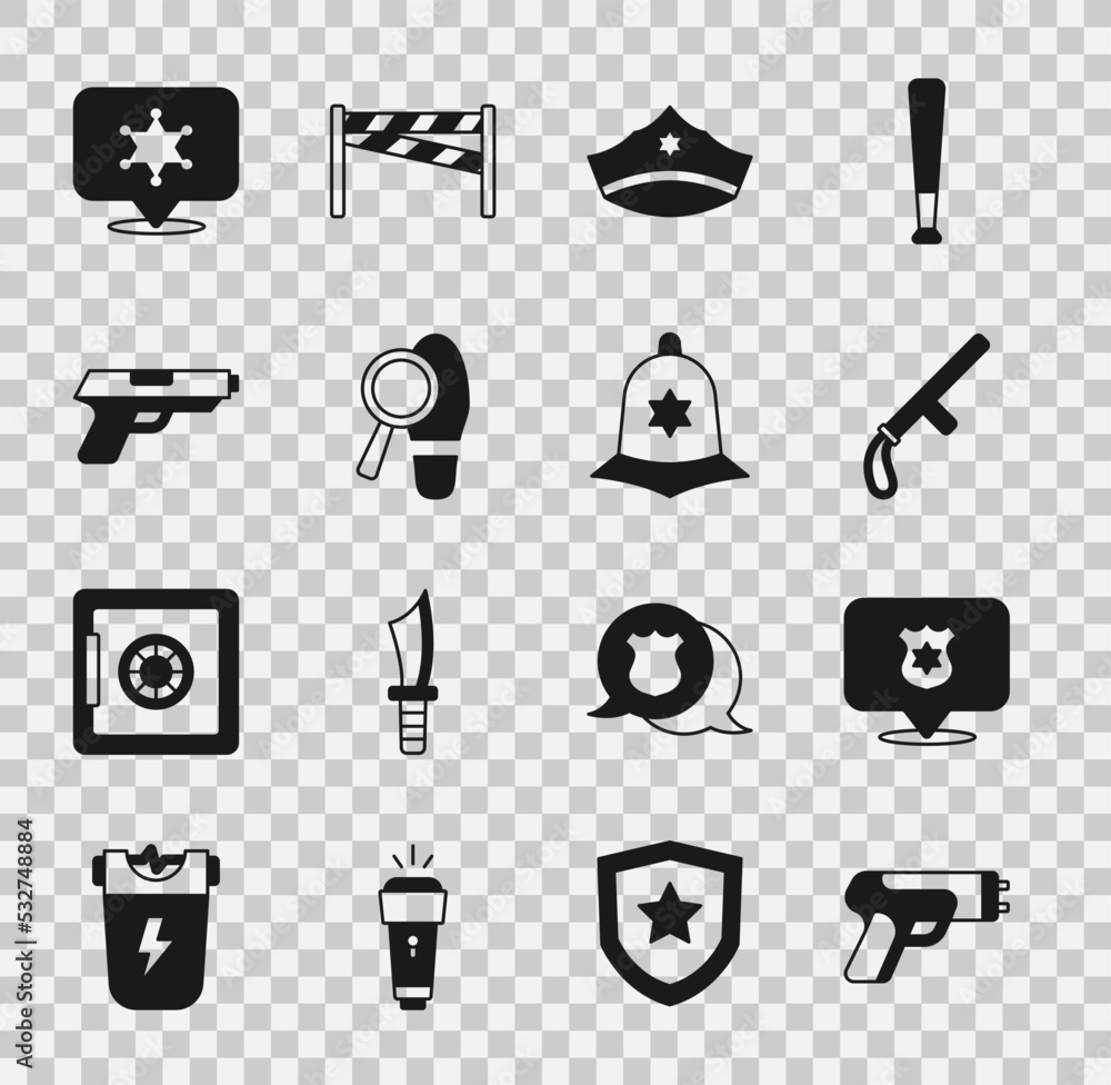 Set Police electric shocker, badge, rubber baton, cap with cockade, Footsteps, Pistol or gun, Hexagram sheriff and British police helmet icon. Vector Set Police electric shocker, badge, rubber baton, cap with cockade, Footsteps, Pistol or gun, Hexagram sheriff and British police helmet icon. Vector