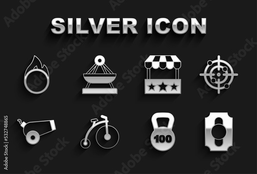 Set Vintage bicycle, Target sport, Circus ticket, Weight, Cannon, Ticket box office, fire hoop and Boat swing icon. Vector