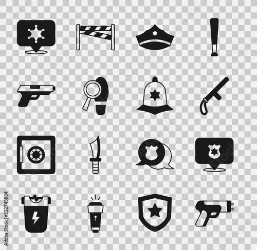Set Police electric shocker, badge, rubber baton, cap with cockade, Footsteps, Pistol or gun, Hexagram sheriff and British police helmet icon. Vector