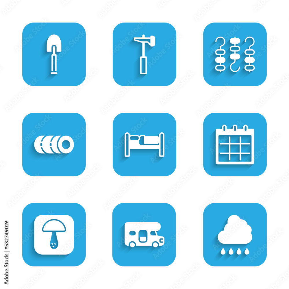 Set Bed, RV motorhome vehicle, Cloud with rain, Calendar, Mushroom, Blanket roll, Grilled shish kebab on skewer and Shovel icon. Vector Set Bed, RV motorhome vehicle, Cloud with rain, Calendar, Mushroom, Blanket roll, Grilled shish kebab on skewer and Shovel icon. Vector
