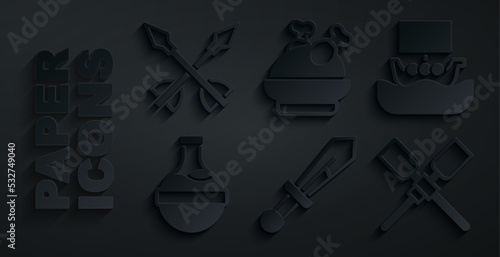 Set Medieval sword, Viking ship Drakkar, Bottle with potion, Oars paddles boat, Roasted turkey chicken and arrows icon. Vector
