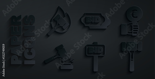 Set Hand holding auction paddle, Auction hammer, Bid and icon. Vector