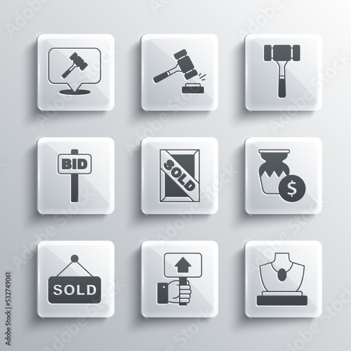 Set Hand holding auction paddle, Auction jewelry sale, ancient vase, painting sold, hammer and icon. Vector