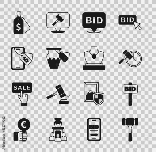 Set Auction hammer, Hand holding auction paddle, Bid, ancient vase, Online, Price tag with Sale and jewelry sale icon. Vector