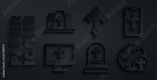 Set Grave with tombstone, Christian cross phone, monitor, globe, and Pope hat icon. Vector