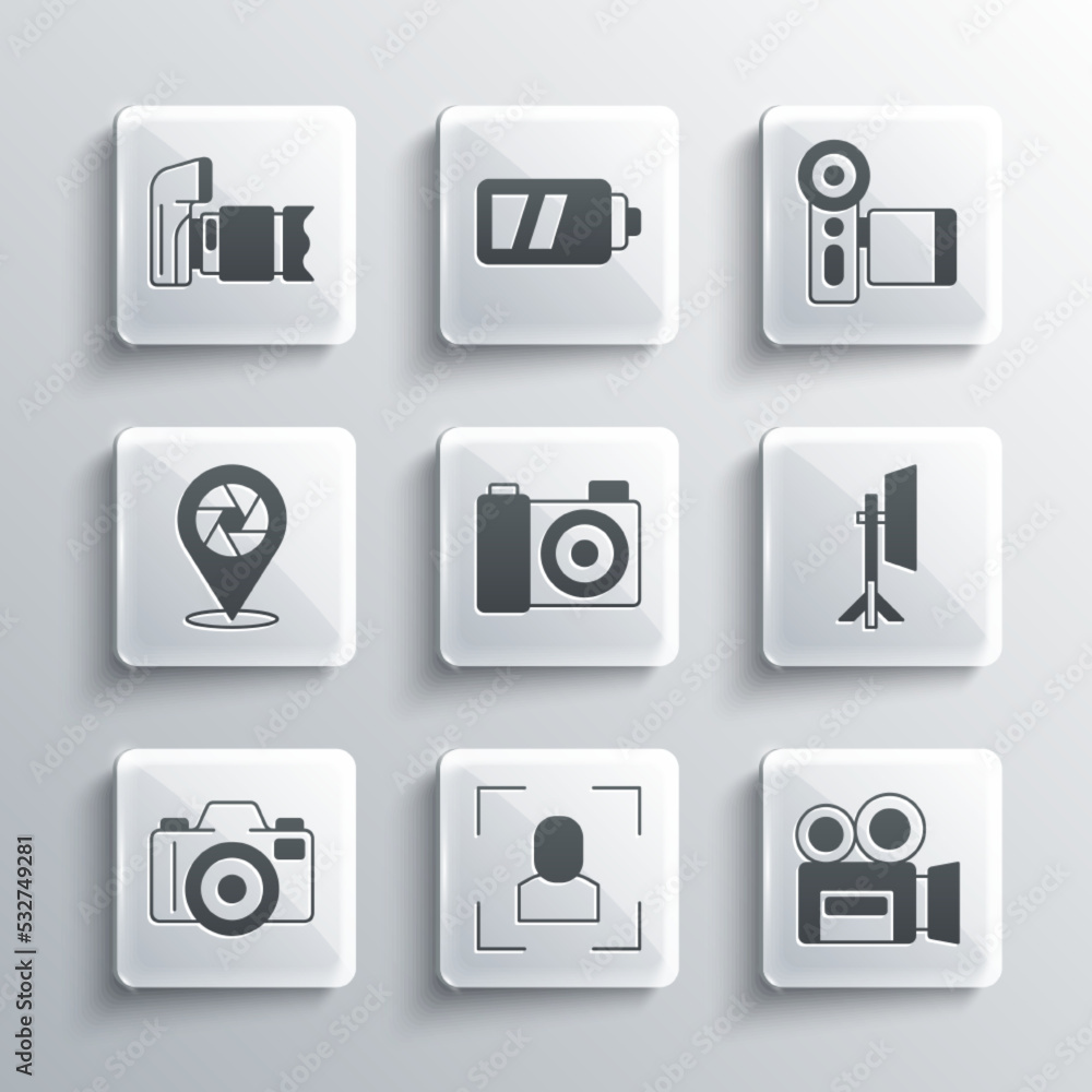 Set Camera focus frame line, Retro cinema camera, Studio light bulb softbox, Photo, shutter, and Cinema icon. Vector Set Camera focus frame line, Retro cinema camera, Studio light bulb softbox, Photo, shutter, and Cinema icon. Vector