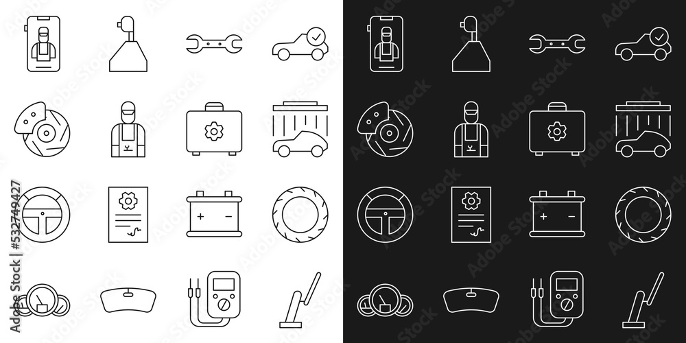 Set line Windscreen wiper, Car tire wheel, wash, Wrench spanner, mechanic, brake disk with caliper, Online car services and Toolbox icon. Vector
