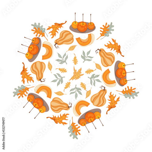 Cute vector autumn mandala with leaves, candles,pumpkin drinks,mushrooms, baskets, pumpkins on white background.Hand drawn vector illustration for coloring page and artbooks for adults and kids.