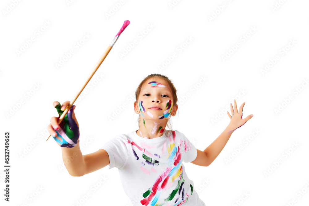 child girl in colorful paint holding brush in one hand child girl in colorful paint holding brush in one hand