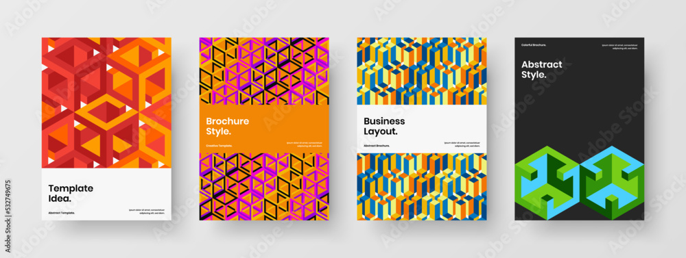 Fototapeta premium Minimalistic company cover A4 vector design illustration collection. Abstract mosaic shapes front page layout bundle.