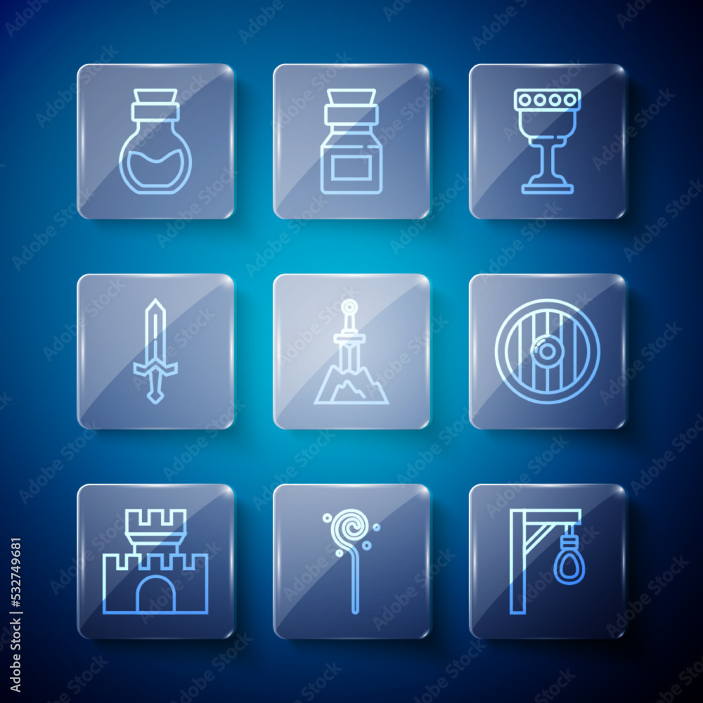 Set line Castle, fortress, Magic staff, Gallows, Medieval goblet, Sword in the stone, sword, Poison bottle and Round wooden shield icon. Vector Set line Castle, fortress, Magic staff, Gallows, Medieval goblet, Sword in the stone, sword, Poison bottle and Round wooden shield icon. Vector