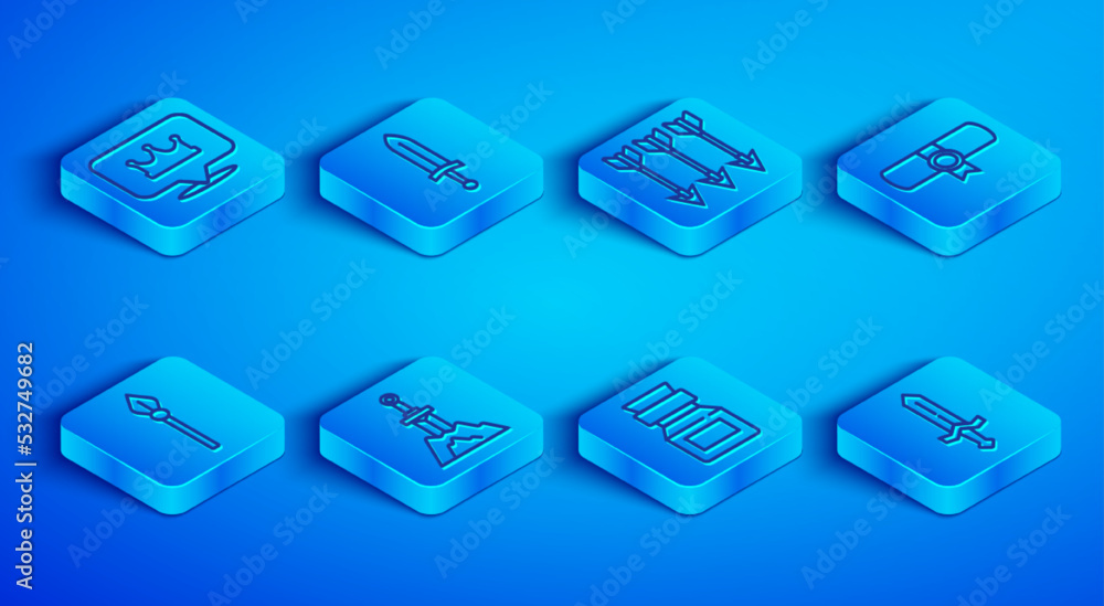 Set line Location king crown, Medieval sword, Crossed arrows, Sword the stone, Poison bottle, Decree, parchment, scroll, spear and icon. Vector Set line Location king crown, Medieval sword, Crossed arrows, Sword the stone, Poison bottle, Decree, parchment, scroll, spear and icon. Vector