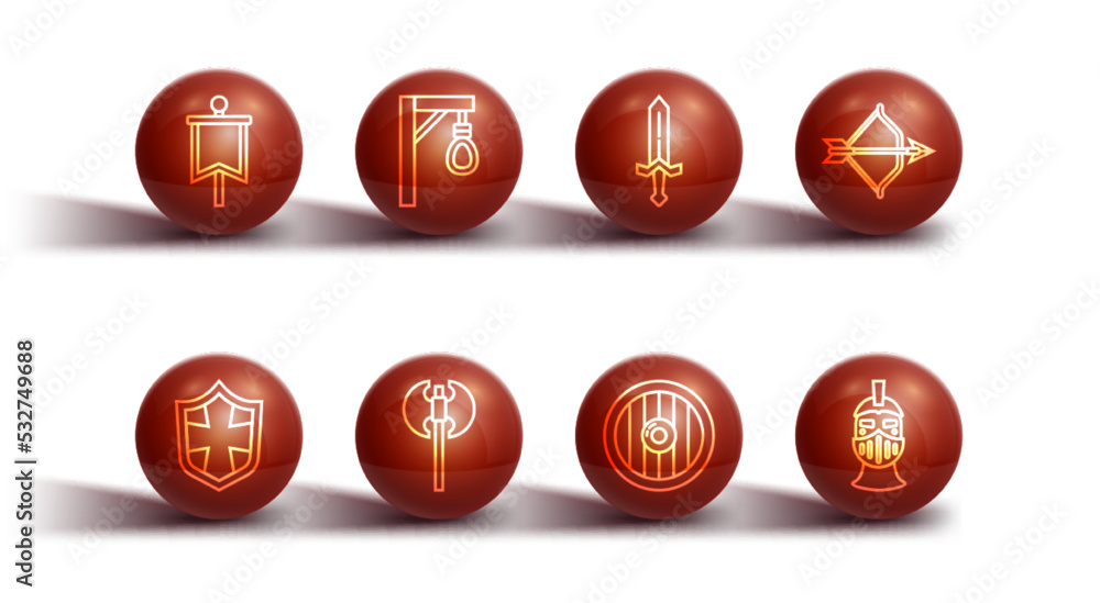 Set line Medieval flag, Shield, bow and arrow, Round wooden shield, axe, Gallows, iron helmet and sword icon. Vector Set line Medieval flag, Shield, bow and arrow, Round wooden shield, axe, Gallows, iron helmet and sword icon. Vector