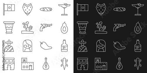 Set line Lizard, Tequila bottle, Avocado, Cigar, Cactus, Mexican drum, Mexico flag and Revolver gun icon. Vector