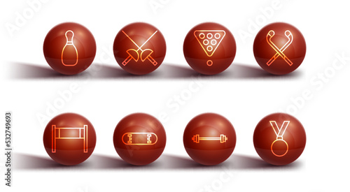 Set line Bowling pin, Volleyball net, Ice hockey sticks, Barbell, Skateboard trick, Fencing, Medal and Billiard balls rack triangle icon. Vector